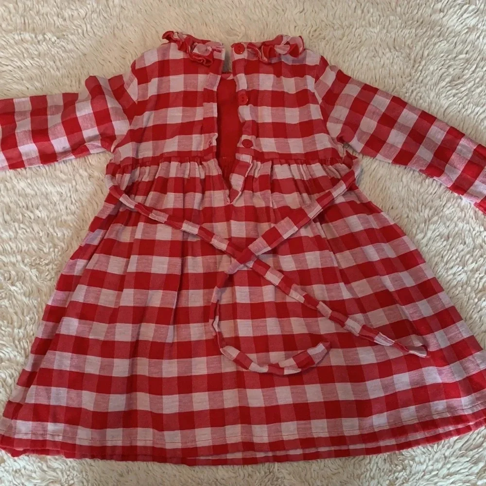Sweetdil red and white plaid check high collar neck long sleeve dress 4T